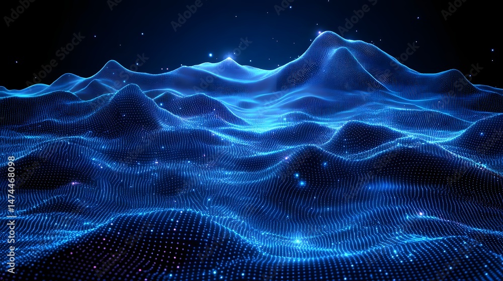 Poster striking digital landscape of glowing blue wireframe hills against a dark void. peaks illuminated by