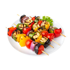 Delicious grilled vegetable skewers on white plate, vegetarian barbecue dish