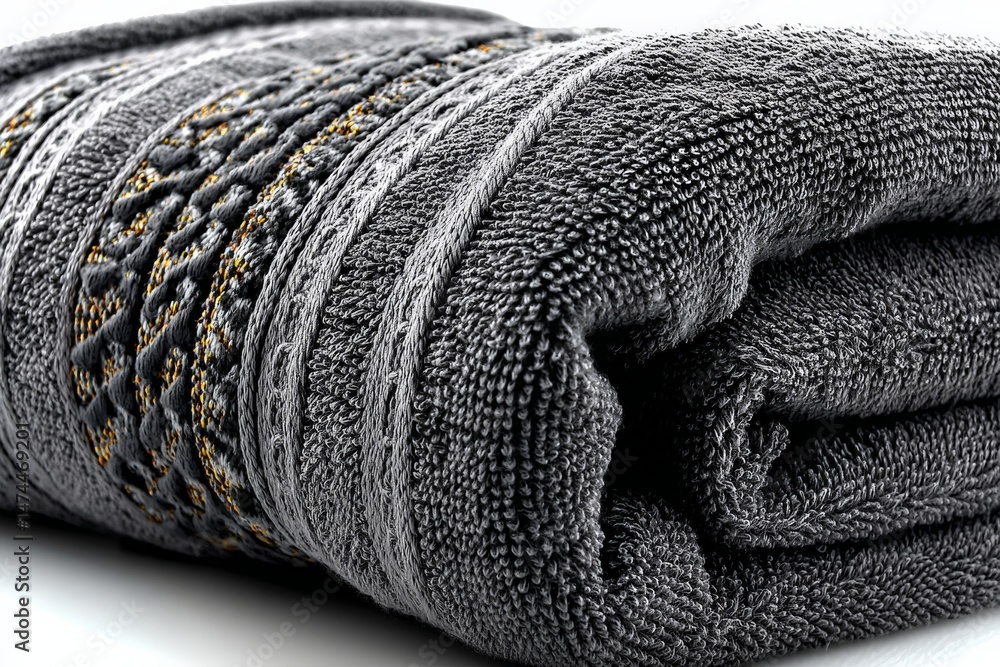 Poster elegant gray towel with intricate design suitable for bathrooms and spas, enhancing luxury and comfo