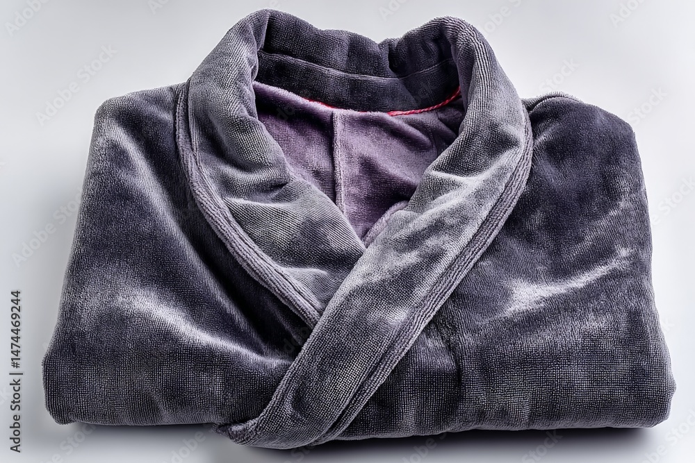 Poster Soft gray bathrobe folded neatly on a plain background with a cozy texture and warm design suitable for home relaxation