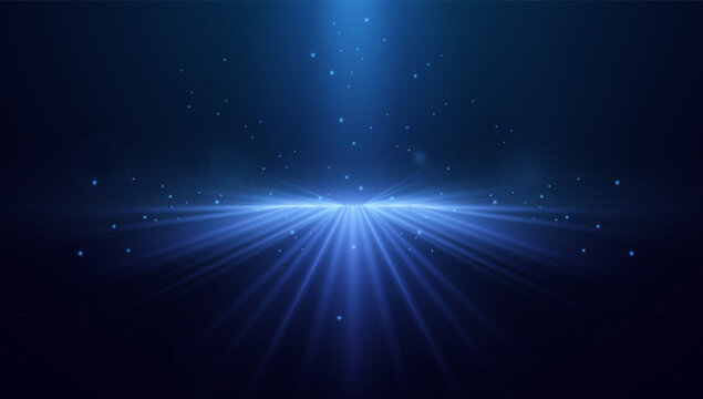 Blue spotlight background with sparkling particles and glowing rays, creating a magical and futuristic stage effect. Vector EPS10 illustration.