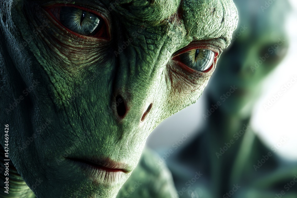 Fototapete detailed close-up of a green alien creature showing intense expression in a futuristic setting