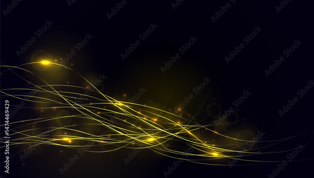 Poster abstract background with golden wavy light lines and sparkling particles on dark. elegant, dynamic f