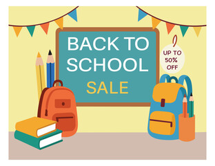 Educational Sale Banner for School Supplies Back to School Theme Illustration. Colorful Back to School Vector with Stationery, Backpack and Discount Tag.