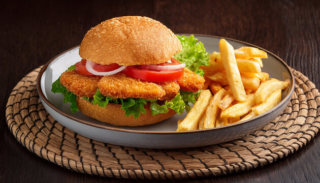 crispy chicken sandwich with lettuce tomato and fries on plate
