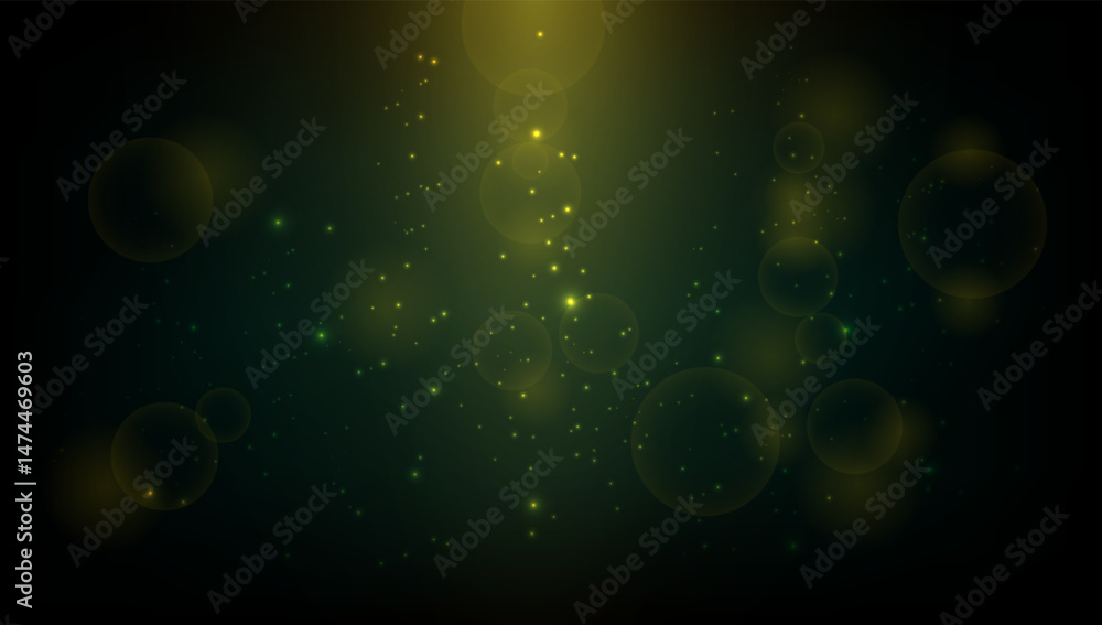 Poster abstract background with glowing green and gold bokeh circles and particles. dreamy, festive design 