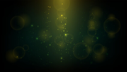 Abstract background with glowing green and gold bokeh circles and particles. Dreamy, festive design for events, holidays, or fantasy. vector eps10