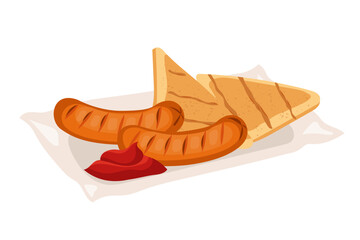 Grilled sausages with toasted bread and ketchup on paper plate. Tasty street food snack for outdoor eating on summer fair, picnic, camping, barbecue party or summer festival menu design. Flat vector