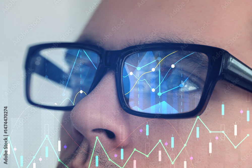 Poster stock exchange. trader analyzing data, closeup. graphs reflecting in his eyeglasses