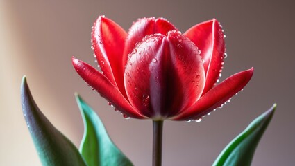 Fototapeta premium Fresh red and white tulip flowers bloom in spring, showcasing nature's beauty with delicate petals and dew drops