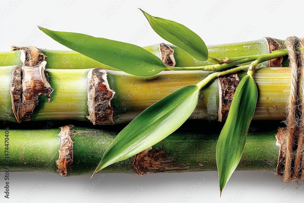 Poster Bamboo stalks with vibrant green leaves displayed on a plain background during daylight hours