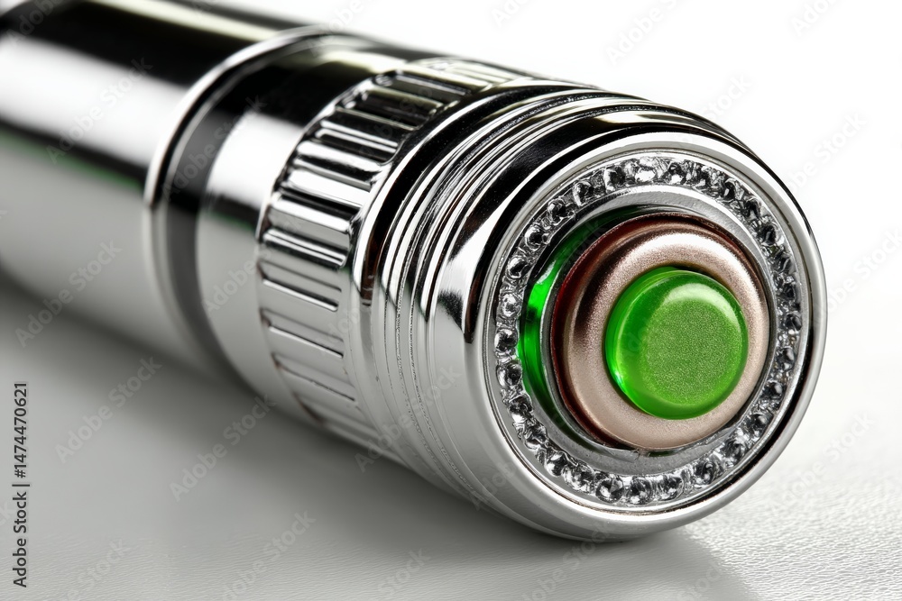 Poster stylish metallic flashlight with luminous green button on a clean white background showcasing its sl