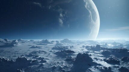A vast, icy expanse with a large, round, white planet in the distance, illuminated by a bright, starry sky.