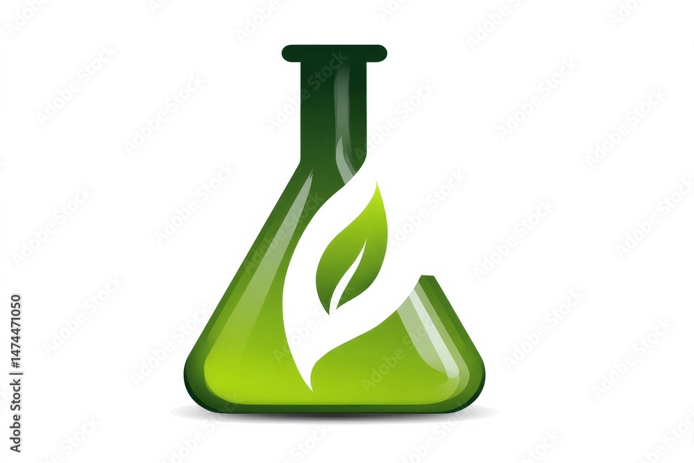 Poster green laboratory flask design with leaf symbol representing eco-friendly research and innovation in 