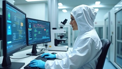 In Laboratory Over the Shoulder View of Scientist in Protective Clothes Doing Research on a Personal Computer. Modern Manufactory Producing Semiconductors and Pharmaceutical Items