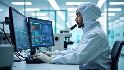 In Laboratory Over the Shoulder View of Scientist in Protective Clothes Doing Research on a Personal Computer. Modern Manufactory Producing Semiconductors and Pharmaceutical Items