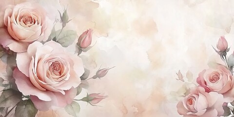 Fototapeta premium A watercolor-style painting with blooming pink roses, unopened buds, green leaves, and soft beige hazy background.
