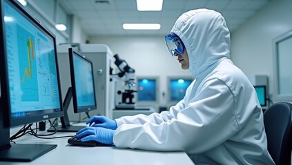 Naklejka premium In Laboratory Over the Shoulder View of Scientist in Protective Clothes Doing Research on a Personal Computer. Modern Manufactory Producing Semiconductors and Pharmaceutical Items