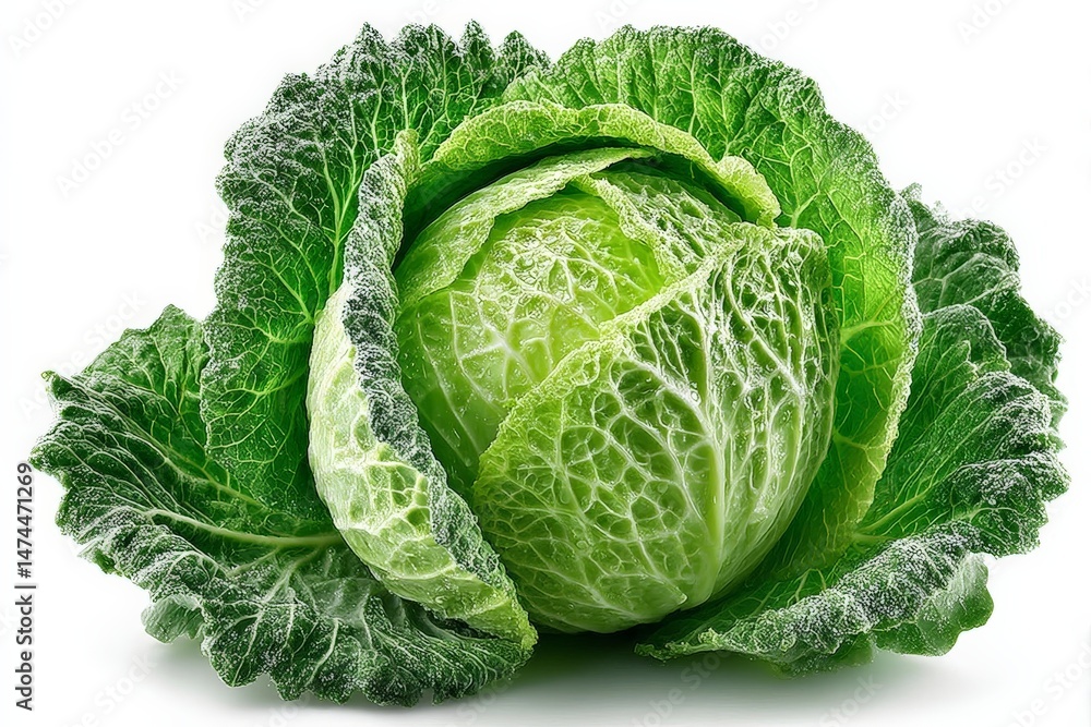 Poster fresh green cabbage resting on a white surface showcasing its vibrant leaves and texture