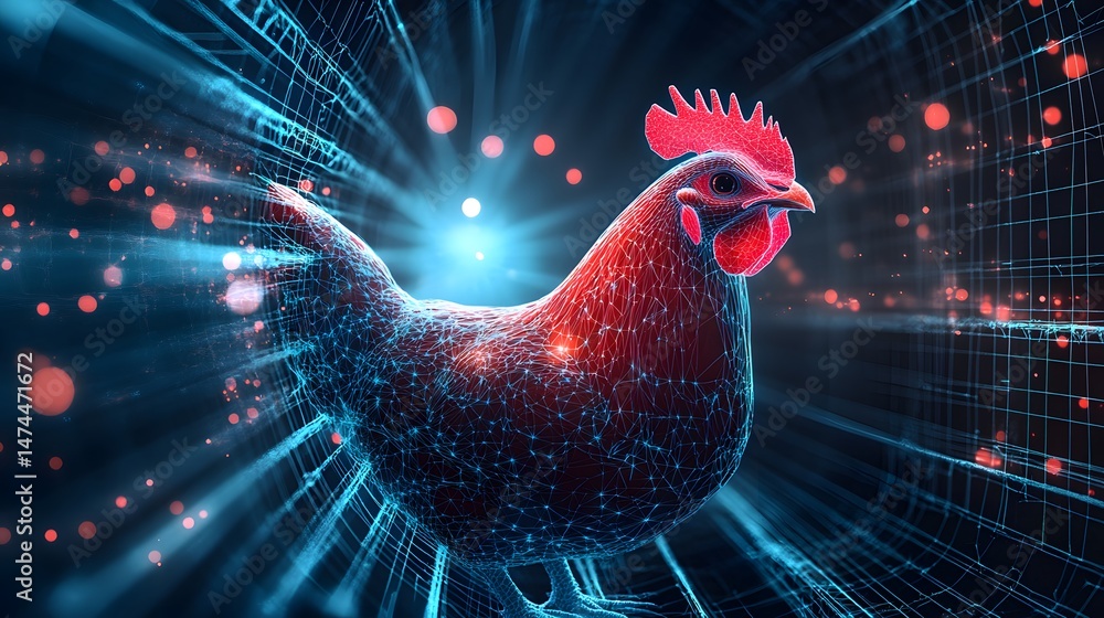 Poster striking digital illustration of a red chicken with a blue wireframe overlay. set against a dark bac