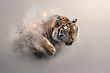Naklejka premium Tiger Burst with Power, and Wild Animal.