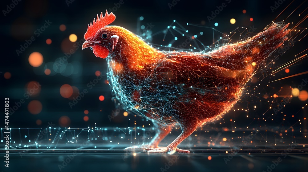 Leinwandbilder Fiery digital chicken rendered with interconnected lines and nodes, radiating heat against a bokeh background. Modern, technological design. Abstract wireframe in dark blue.