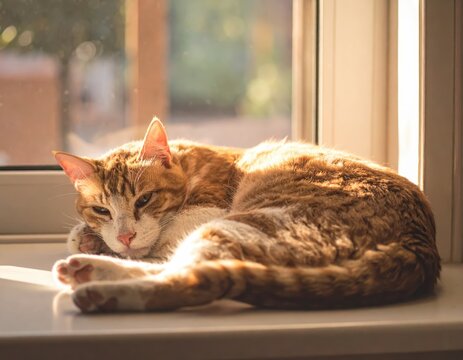 Adorable cat lounging on sunny window sill, picture of feline relaxation cozy