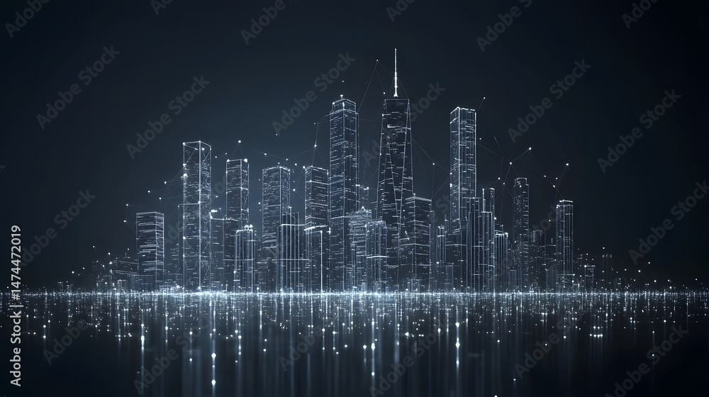 Aufkleber futuristic city skyline at night. wireframe buildings glow against dark blue, reflected in shimmerin