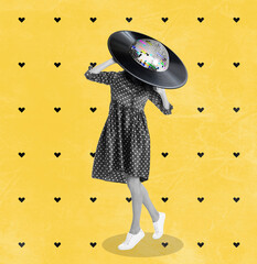 Woman with disco ball and vinyl record instead of head on yellow background, creative collage