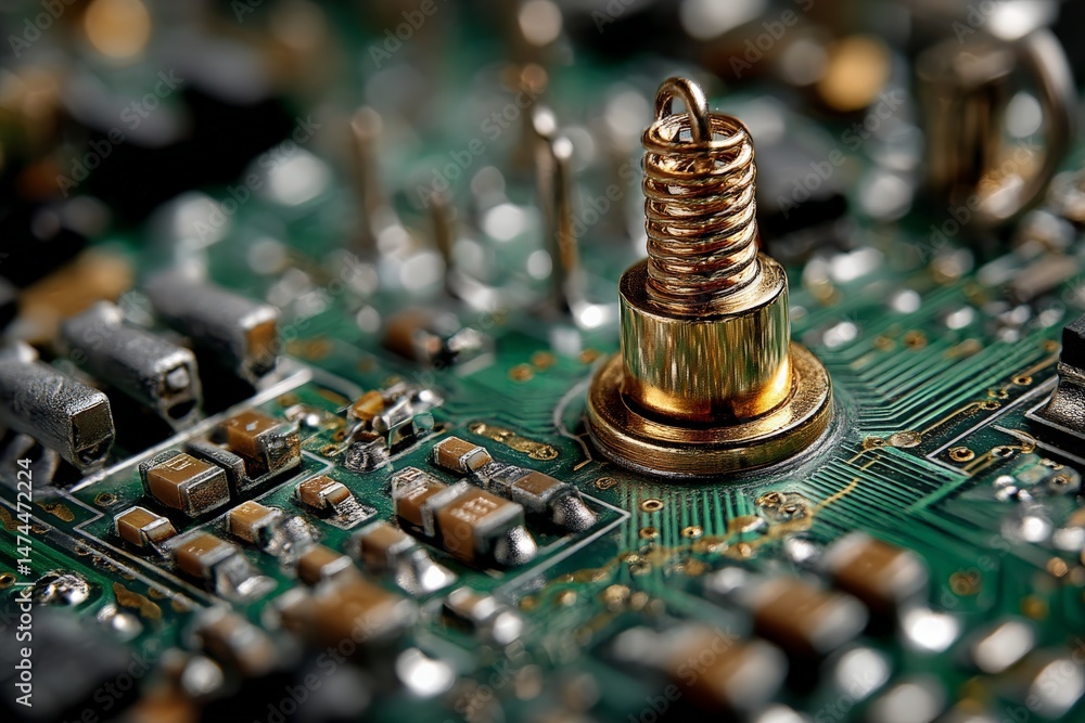Poster close view of a circuit board showcasing intricate components and a metal spring antenna during elec