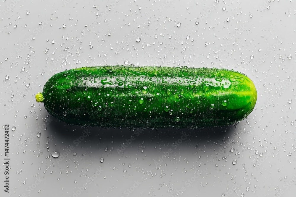 Poster fresh cucumber with water droplets on a gray surface showcasing its vibrant green color and texture