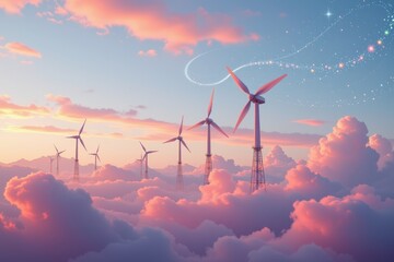 windmills spinning gently on a pink cloud, pastel sky with stardust glimmer