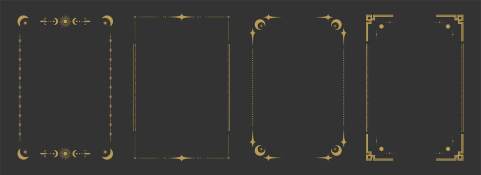 Empty Tarot card frame border templates. Celestial esoteric border set. Vector illustration