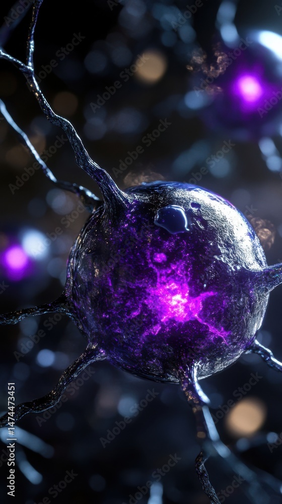 Poster glowing neuron cell body transmitting signals close up abstract dark background microscopic view bio