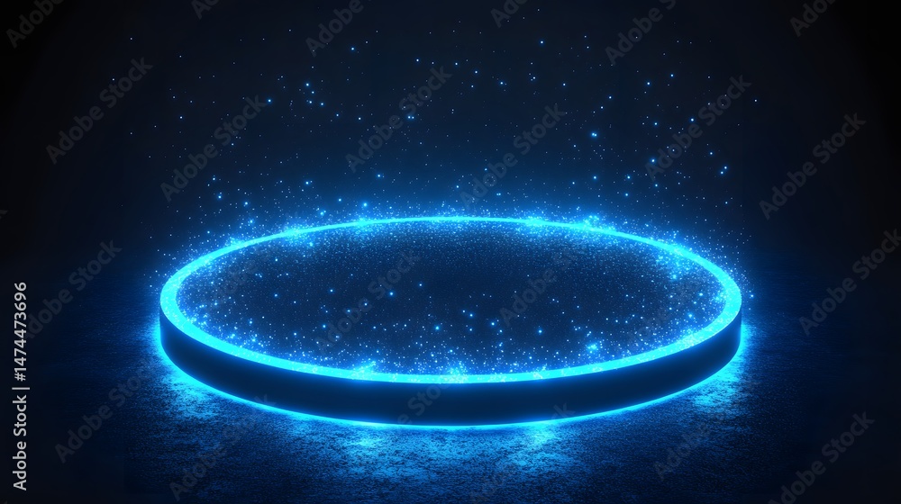 Poster futuristic blue platform with glowing particles creates a captivating display. ideal for showcasing 