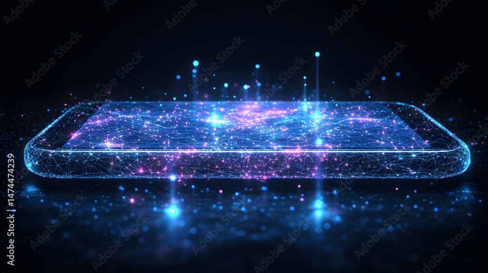 Aufkleber Futuristic device showcasing interconnected data streams on a sleek screen. Glowing nodes and bokeh lights create a technological abstract wireframe in dark blue.