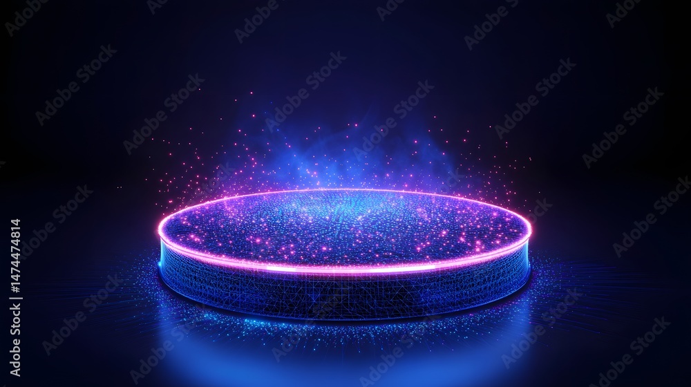 Poster futuristic platform aglow, radiates vibrant blue and electric pink. abstract wireframe in dark blue.