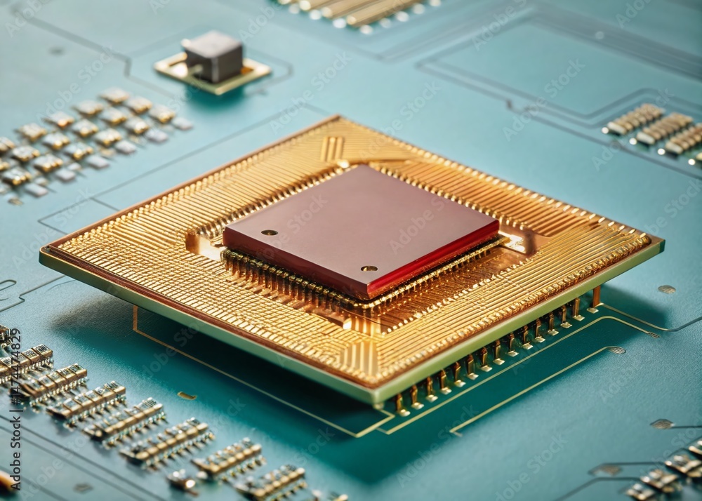 Poster close-up of microprocessor chip on electronic circuit board - high-tech technology concept