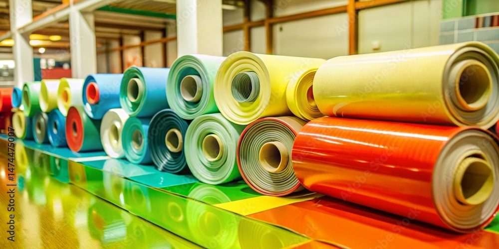 Poster close-up of rolled linoleum at hardware store window display