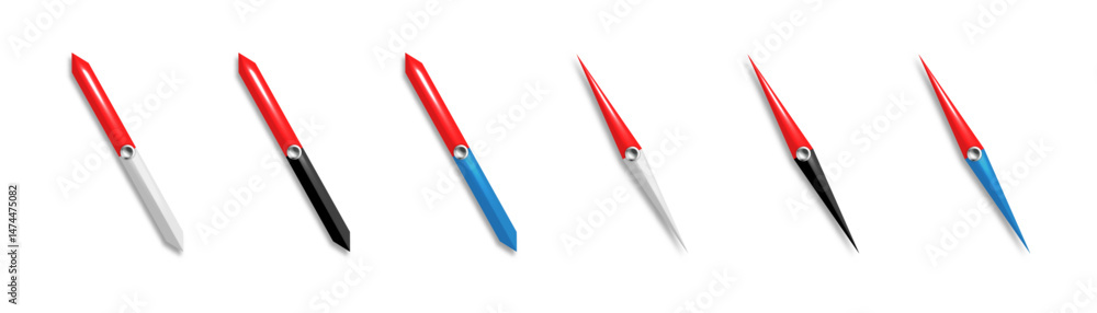 Poster compass magnetic arrow vector realistic collection. navigation tool set.