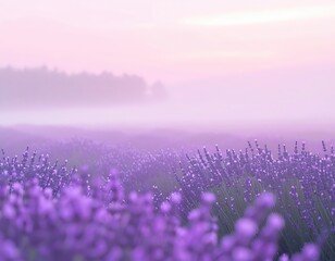 Fototapeta premium Dreamy lavender field, sunrise mist and purple haze over a serene landscape misty