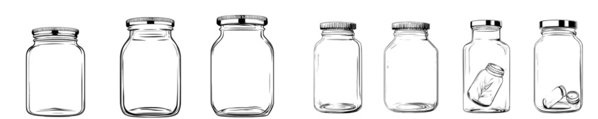 Empty transparent bottles and glass jars come in different forms, including food lid containers and clear 3D jam packages