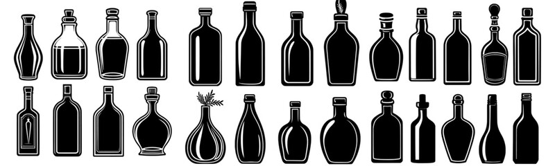 Icons of alcohol drink bottles in silhouette form, symbols for beverages found on a bar menu, including modern representations of isolated vodka, whiskey, wine, cognac, absinthe, tequila, bourbon,