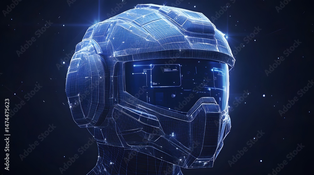Poster futuristic blue wireframe helmet with integrated display, evoking advanced technology. a high-tech s