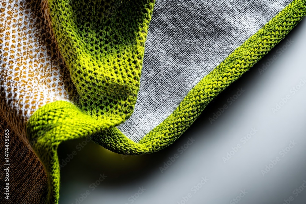 Poster textile design featuring vibrant green edges and intricate patterns in close-up capture during natur