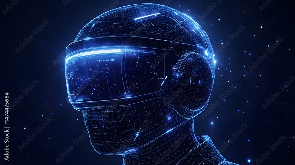 Aufkleber futuristic vr avatar rendered as a glowing blue wireframe against a starry dark blue background. dig