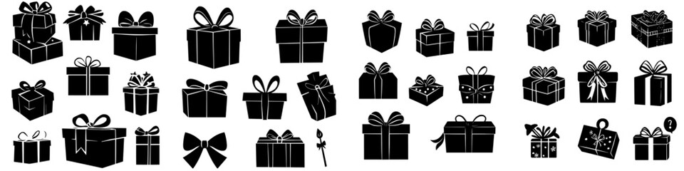 A set of gift box icons featuring ribbon bows, isolated on a white background