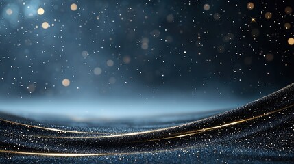Glittering gold particles float above dark wavy surface, creating dreamy, magical, and elegant atmosphere