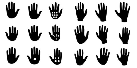 Fototapeta premium A modern set of hand icons features finger counting, a stop gesture, devil horns, an okay sign, and a v sign, showcasing various human hand and communication gestures through illustrations