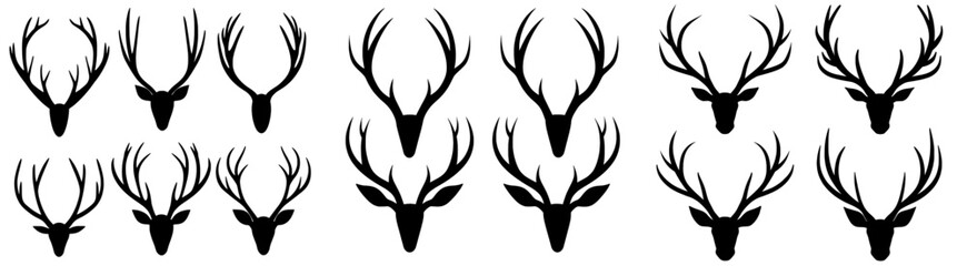 Modern silhouettes of antlers, deer, and reindeer horns isolated on white